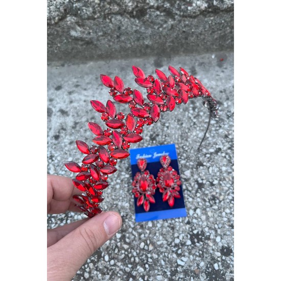 Regina Kırmızı Gelin Kına Tacı Özel Gün Aksesuar Kadın Taç Ve Üç Mekik Küpe Takımı-REGINA-30 Regina Kırmızı Gelin Kına Tacı Özel Gün Aksesuar Kadın Taç Ve Üç Mekik Küpe Takımı-REGINA-30