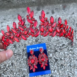 Regina Kırmızı Gelin Kına Tacı Özel Gün Aksesuar Kadın Taç Ve Üç Mekik Küpe Takımı-REGINA-30 Regina Kırmızı Gelin Kına Tacı Özel Gün Aksesuar Kadın Taç Ve Üç Mekik Küpe Takımı-REGINA-30