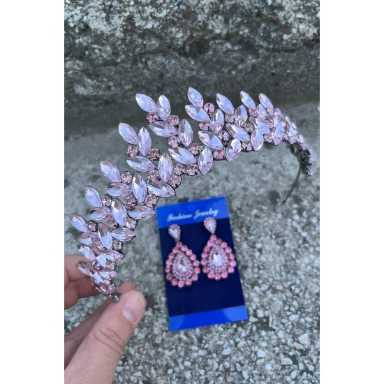 Regina Pembe Gelin Kına Tacı Özel Gün Aksesuar Kadın Taç Ve Damla Mekik Küpe Takımı-REGINA-36 Regina Pembe Gelin Kına Tacı Özel Gün Aksesuar Kadın Taç Ve Damla Mekik Küpe Takımı-REGINA-36
