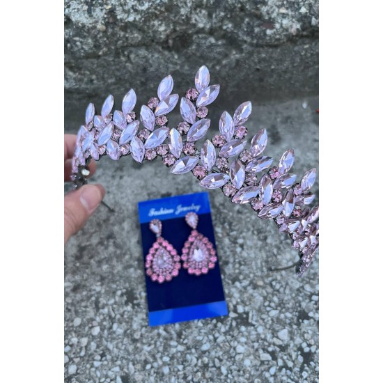 Regina Pembe Gelin Kına Tacı Özel Gün Aksesuar Kadın Taç Ve Damla Mekik Küpe Takımı-REGINA-36 Regina Pembe Gelin Kına Tacı Özel Gün Aksesuar Kadın Taç Ve Damla Mekik Küpe Takımı-REGINA-36