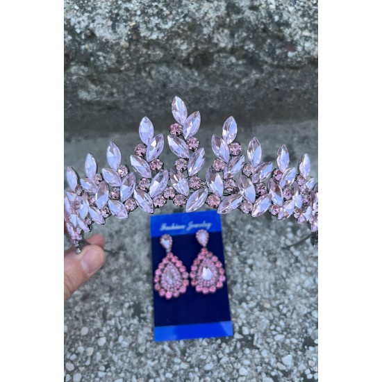 Regina Pembe Gelin Kına Tacı Özel Gün Aksesuar Kadın Taç Ve Damla Mekik Küpe Takımı-REGINA-36 Regina Pembe Gelin Kına Tacı Özel Gün Aksesuar Kadın Taç Ve Damla Mekik Küpe Takımı-REGINA-36