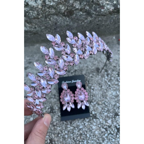 Regina Pembe Gelin Kına Tacı Özel Gün Aksesuar Kadın Taç Ve Üç Mekik Küpe Takımı-REGINA-37 Regina Pembe Gelin Kına Tacı Özel Gün Aksesuar Kadın Taç Ve Üç Mekik Küpe Takımı-REGINA-37