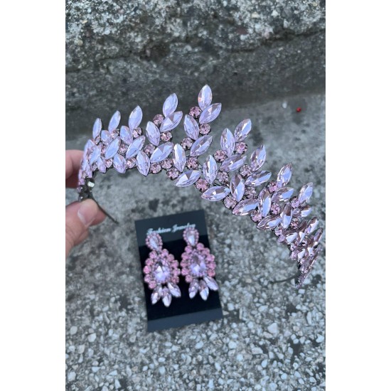 Regina Pembe Gelin Kına Tacı Özel Gün Aksesuar Kadın Taç Ve Üç Mekik Küpe Takımı-REGINA-37 Regina Pembe Gelin Kına Tacı Özel Gün Aksesuar Kadın Taç Ve Üç Mekik Küpe Takımı-REGINA-37