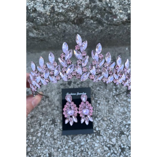 Regina Pembe Gelin Kına Tacı Özel Gün Aksesuar Kadın Taç Ve Üç Mekik Küpe Takımı-REGINA-37 Regina Pembe Gelin Kına Tacı Özel Gün Aksesuar Kadın Taç Ve Üç Mekik Küpe Takımı-REGINA-37