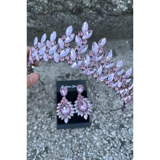Regina Pembe Gelin Kına Tacı Özel Gün Aksesuar Kadın Taç Ve Geniş Mekik Küpe Takımı-REGINA-39 Regina Pembe Gelin Kına Tacı Özel Gün Aksesuar Kadın Taç Ve Geniş Mekik Küpe Takımı-REGINA-39