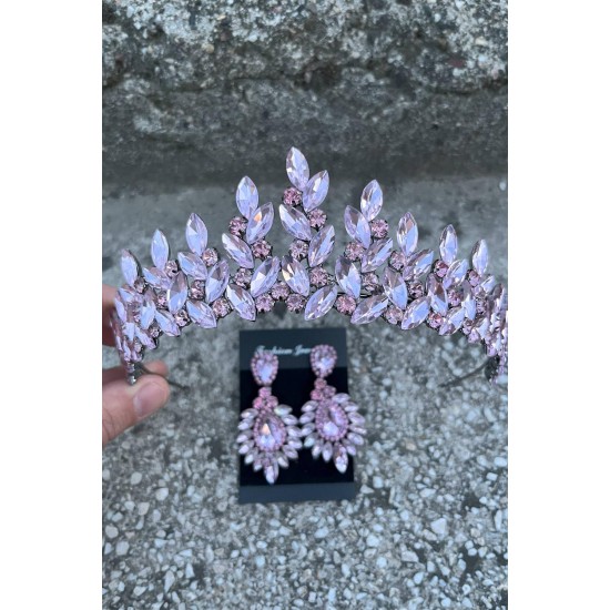 Regina Pembe Gelin Kına Tacı Özel Gün Aksesuar Kadın Taç Ve Geniş Mekik Küpe Takımı-REGINA-39 Regina Pembe Gelin Kına Tacı Özel Gün Aksesuar Kadın Taç Ve Geniş Mekik Küpe Takımı-REGINA-39