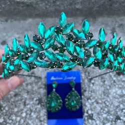 Regina Yeşil Gelin Kına Tacı Özel Gün Aksesuar Kadın Taç Ve Damla Mekik Küpe Takımı-REGINA-41 Regina Yeşil Gelin Kına Tacı Özel Gün Aksesuar Kadın Taç Ve Damla Mekik Küpe Takımı-REGINA-41