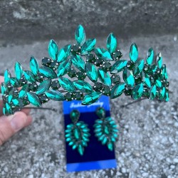 Regina Yeşil Gelin Kına Tacı Özel Gün Aksesuar Kadın Taç Ve İnce Mekik Küpe Takımı-REGINA-42 Regina Yeşil Gelin Kına Tacı Özel Gün Aksesuar Kadın Taç Ve İnce Mekik Küpe Takımı-REGINA-42