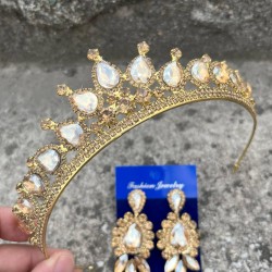 Renata Gold Gelin Kına Tacı Özel Gün Aksesuar Kadın Taç Ve Üç Mekik Küpe Takımı-RENATA-12 Renata Gold Gelin Kına Tacı Özel Gün Aksesuar Kadın Taç Ve Üç Mekik Küpe Takımı-RENATA-12