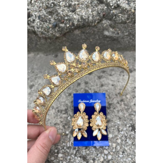 Renata Gold Gelin Kına Tacı Özel Gün Aksesuar Kadın Taç Ve Üç Mekik Küpe Takımı-RENATA-12 Renata Gold Gelin Kına Tacı Özel Gün Aksesuar Kadın Taç Ve Üç Mekik Küpe Takımı-RENATA-12