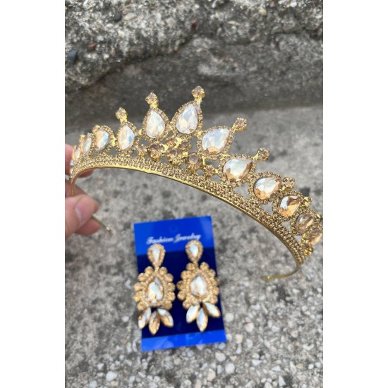 Renata Gold Gelin Kına Tacı Özel Gün Aksesuar Kadın Taç Ve Üç Mekik Küpe Takımı-RENATA-12 Renata Gold Gelin Kına Tacı Özel Gün Aksesuar Kadın Taç Ve Üç Mekik Küpe Takımı-RENATA-12