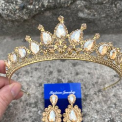 Renata Gold Gelin Kına Tacı Özel Gün Aksesuar Kadın Taç Ve Üç Mekik Küpe Takımı-RENATA-12 Renata Gold Gelin Kına Tacı Özel Gün Aksesuar Kadın Taç Ve Üç Mekik Küpe Takımı-RENATA-12