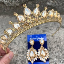 Renata Gold Gelin Kına Tacı Özel Gün Aksesuar Kadın Taç Ve Geniş Mekik Küpe Takımı-RENATA-13 Renata Gold Gelin Kına Tacı Özel Gün Aksesuar Kadın Taç Ve Geniş Mekik Küpe Takımı-RENATA-13