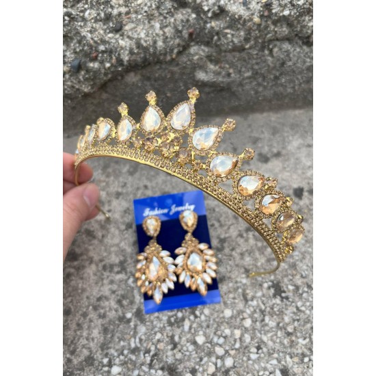 Renata Gold Gelin Kına Tacı Özel Gün Aksesuar Kadın Taç Ve Geniş Mekik Küpe Takımı-RENATA-13 Renata Gold Gelin Kına Tacı Özel Gün Aksesuar Kadın Taç Ve Geniş Mekik Küpe Takımı-RENATA-13