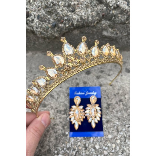 Renata Gold Gelin Kına Tacı Özel Gün Aksesuar Kadın Taç Ve İnce Mekik Küpe Takımı-RENATA-14 Renata Gold Gelin Kına Tacı Özel Gün Aksesuar Kadın Taç Ve İnce Mekik Küpe Takımı-RENATA-14