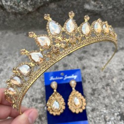 Renata Gold Gelin Kına Tacı Özel Gün Aksesuar Kadın Taç Ve Damla Mekik Küpe Takımı-RENATA-15 Renata Gold Gelin Kına Tacı Özel Gün Aksesuar Kadın Taç Ve Damla Mekik Küpe Takımı-RENATA-15