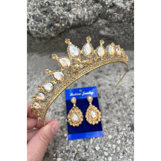 Renata Gold Gelin Kına Tacı Özel Gün Aksesuar Kadın Taç Ve Damla Mekik Küpe Takımı-RENATA-15