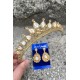 Renata Gold Gelin Kına Tacı Özel Gün Aksesuar Kadın Taç Ve Damla Mekik Küpe Takımı-RENATA-15