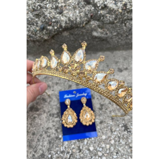 Renata Gold Gelin Kına Tacı Özel Gün Aksesuar Kadın Taç Ve Damla Mekik Küpe Takımı-RENATA-15