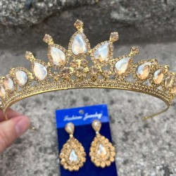 Renata Gold Gelin Kına Tacı Özel Gün Aksesuar Kadın Taç Ve Damla Mekik Küpe Takımı-RENATA-15 Renata Gold Gelin Kına Tacı Özel Gün Aksesuar Kadın Taç Ve Damla Mekik Küpe Takımı-RENATA-15