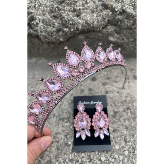 Renata Pembe Gelin Kına Tacı Özel Gün Aksesuar Kadın Taç Ve Üç Mekik Küpe Takımı-RENATA-20 Renata Pembe Gelin Kına Tacı Özel Gün Aksesuar Kadın Taç Ve Üç Mekik Küpe Takımı-RENATA-20