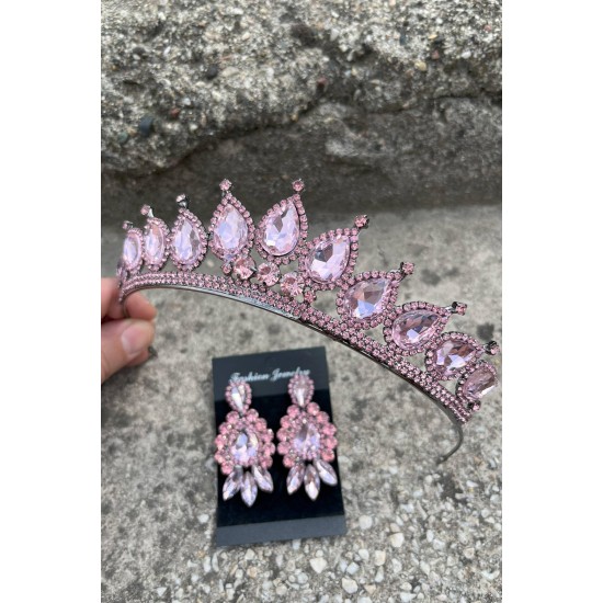 Renata Pembe Gelin Kına Tacı Özel Gün Aksesuar Kadın Taç Ve Üç Mekik Küpe Takımı-RENATA-20 Renata Pembe Gelin Kına Tacı Özel Gün Aksesuar Kadın Taç Ve Üç Mekik Küpe Takımı-RENATA-20