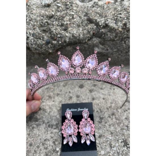Renata Pembe Gelin Kına Tacı Özel Gün Aksesuar Kadın Taç Ve Üç Mekik Küpe Takımı-RENATA-20 Renata Pembe Gelin Kına Tacı Özel Gün Aksesuar Kadın Taç Ve Üç Mekik Küpe Takımı-RENATA-20