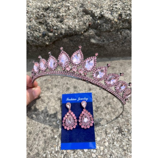 Renata Pembe Gelin Kına Tacı Özel Gün Aksesuar Kadın Taç Ve Damla Mekik Küpe Takımı-RENATA-21 Renata Pembe Gelin Kına Tacı Özel Gün Aksesuar Kadın Taç Ve Damla Mekik Küpe Takımı-RENATA-21