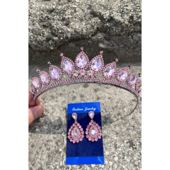 Renata Pembe Gelin Kına Tacı Özel Gün Aksesuar Kadın Taç Ve Damla Mekik Küpe Takımı-RENATA-21 Renata Pembe Gelin Kına Tacı Özel Gün Aksesuar Kadın Taç Ve Damla Mekik Küpe Takımı-RENATA-21