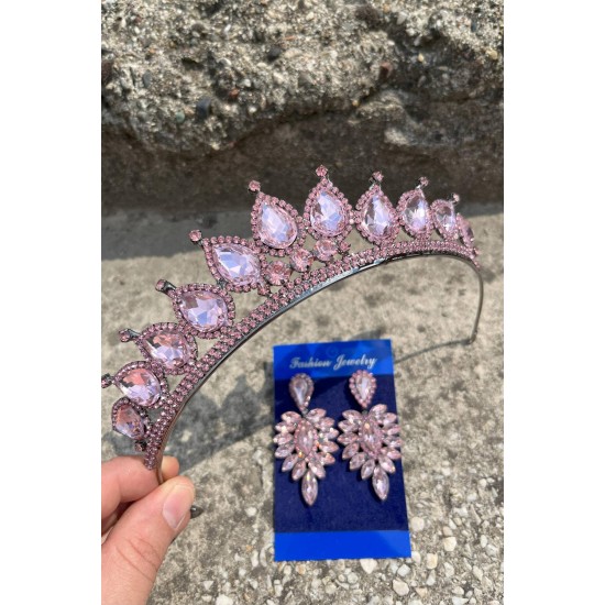Renata Pembe Gelin Kına Tacı Özel Gün Aksesuar Kadın Taç Ve İnce Mekik Küpe Takımı-RENATA-22 Renata Pembe Gelin Kına Tacı Özel Gün Aksesuar Kadın Taç Ve İnce Mekik Küpe Takımı-RENATA-22