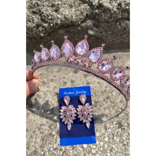 Renata Pembe Gelin Kına Tacı Özel Gün Aksesuar Kadın Taç Ve İnce Mekik Küpe Takımı-RENATA-22 Renata Pembe Gelin Kına Tacı Özel Gün Aksesuar Kadın Taç Ve İnce Mekik Küpe Takımı-RENATA-22