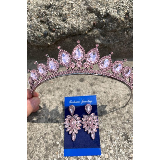Renata Pembe Gelin Kına Tacı Özel Gün Aksesuar Kadın Taç Ve İnce Mekik Küpe Takımı-RENATA-22 Renata Pembe Gelin Kına Tacı Özel Gün Aksesuar Kadın Taç Ve İnce Mekik Küpe Takımı-RENATA-22