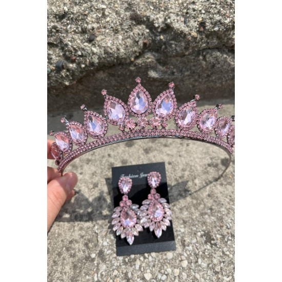 Renata Pembe Gelin Kına Tacı Özel Gün Aksesuar Kadın Taç Ve Geniş Mekik Küpe Takımı-RENATA-23 Renata Pembe Gelin Kına Tacı Özel Gün Aksesuar Kadın Taç Ve Geniş Mekik Küpe Takımı-RENATA-23