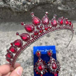 Renata Bordo Gelin Kına Tacı Özel Gün Aksesuar Kadın Taç Ve Geniş Mekik Küpe Takımı-RENATA-24 Renata Bordo Gelin Kına Tacı Özel Gün Aksesuar Kadın Taç Ve Geniş Mekik Küpe Takımı-RENATA-24