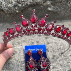 Renata Bordo Gelin Kına Tacı Özel Gün Aksesuar Kadın Taç Ve Geniş Mekik Küpe Takımı-RENATA-24 Renata Bordo Gelin Kına Tacı Özel Gün Aksesuar Kadın Taç Ve Geniş Mekik Küpe Takımı-RENATA-24