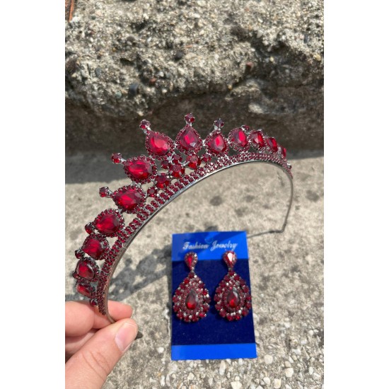 Renata Bordo Gelin Kına Tacı Özel Gün Aksesuar Kadın Taç Ve Damla Mekik Küpe Takımı-RENATA-25 Renata Bordo Gelin Kına Tacı Özel Gün Aksesuar Kadın Taç Ve Damla Mekik Küpe Takımı-RENATA-25