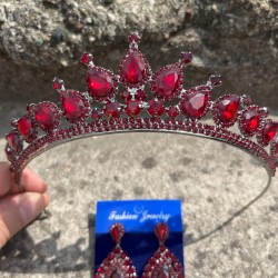 Renata Bordo Gelin Kına Tacı Özel Gün Aksesuar Kadın Taç Ve Damla Mekik Küpe Takımı-RENATA-25 Renata Bordo Gelin Kına Tacı Özel Gün Aksesuar Kadın Taç Ve Damla Mekik Küpe Takımı-RENATA-25