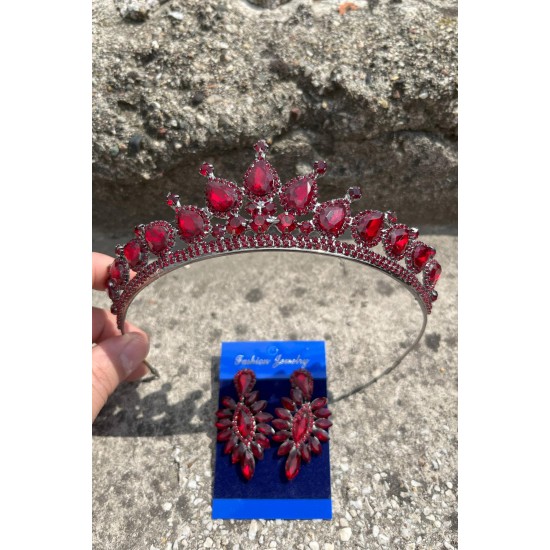 Renata Bordo Gelin Kına Tacı Özel Gün Aksesuar Kadın Taç Ve İnce Mekik Küpe Takımı-RENATA-27 Renata Bordo Gelin Kına Tacı Özel Gün Aksesuar Kadın Taç Ve İnce Mekik Küpe Takımı-RENATA-27