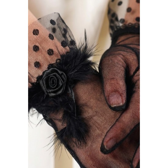 Roselune Veil Siyah T&uuml;l Eldiven &ndash; T&uuml;y ve G&uuml;l Detaylı Kısa L&uuml;ks Gelin ve Davet Aksesuarı-ROSELUNE-1