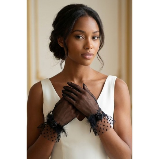 Roselune Veil Siyah T&uuml;l Eldiven &ndash; T&uuml;y ve G&uuml;l Detaylı Kısa L&uuml;ks Gelin ve Davet Aksesuarı-ROSELUNE-1