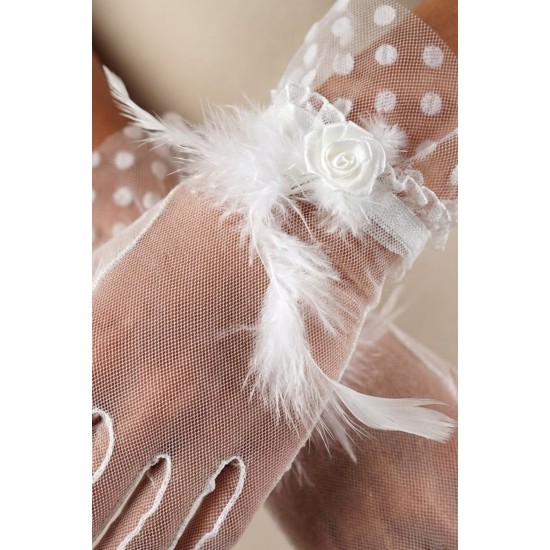 Roselune Veil Beyaz T&uuml;l Eldiven &ndash; T&uuml;y ve G&uuml;l Detaylı Kısa L&uuml;ks Gelin ve Davet Aksesuarı-ROSELUNE-2