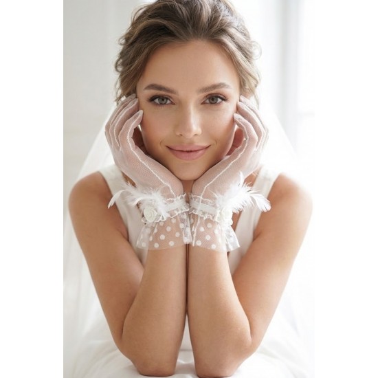 Roselune Veil Beyaz T&uuml;l Eldiven &ndash; T&uuml;y ve G&uuml;l Detaylı Kısa L&uuml;ks Gelin ve Davet Aksesuarı-ROSELUNE-2