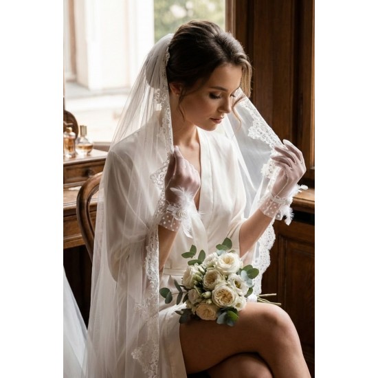 Roselune Veil Beyaz T&uuml;l Eldiven &ndash; T&uuml;y ve G&uuml;l Detaylı Kısa L&uuml;ks Gelin ve Davet Aksesuarı-ROSELUNE-2