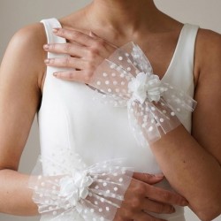 Rosmira Dot Beyaz T&uuml;l Bileklik &ndash; &Ccedil;i&ccedil;ek Detaylı Puantiyeli Zarif Gelin ve Nikah Aksesuarı-ROSMIRA-2