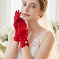 Rovienne Pearl Kırmızı Satin Eldiven &ndash; İnci Detaylı Kısa L&uuml;ks Gelin ve Davet Aksesuarı-ROVIENNE-1