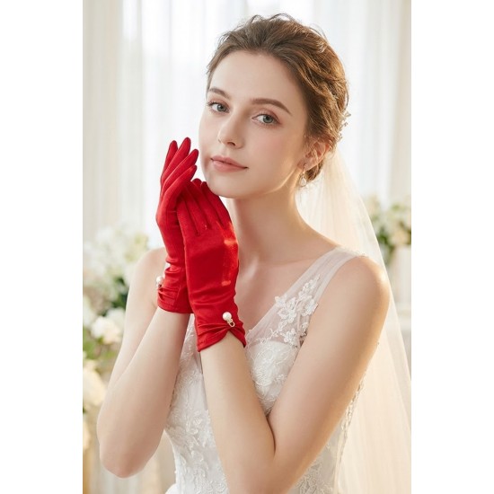 Rovienne Pearl Kırmızı Satin Eldiven &ndash; İnci Detaylı Kısa L&uuml;ks Gelin ve Davet Aksesuarı-ROVIENNE-1