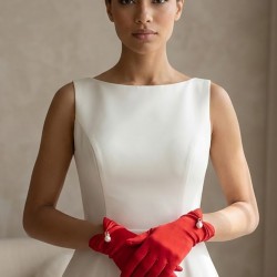 Rovienne Pearl Kırmızı Satin Eldiven &ndash; İnci Detaylı Kısa L&uuml;ks Gelin ve Davet Aksesuarı-ROVIENNE-1