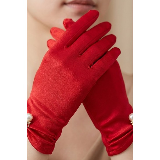 Rovienne Pearl Kırmızı Satin Eldiven &ndash; İnci Detaylı Kısa L&uuml;ks Gelin ve Davet Aksesuarı-ROVIENNE-1