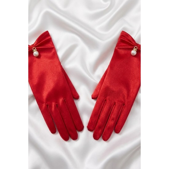 Rovienne Pearl Kırmızı Satin Eldiven &ndash; İnci Detaylı Kısa L&uuml;ks Gelin ve Davet Aksesuarı-ROVIENNE-1