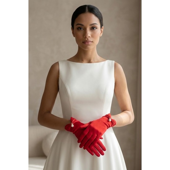 Rovienne Pearl Kırmızı Satin Eldiven &ndash; İnci Detaylı Kısa L&uuml;ks Gelin ve Davet Aksesuarı-ROVIENNE-1